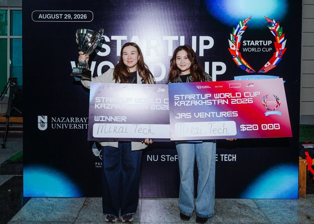 Mirai Tech, winner of Startup World Cup Kazakhstan 2026, with the cup